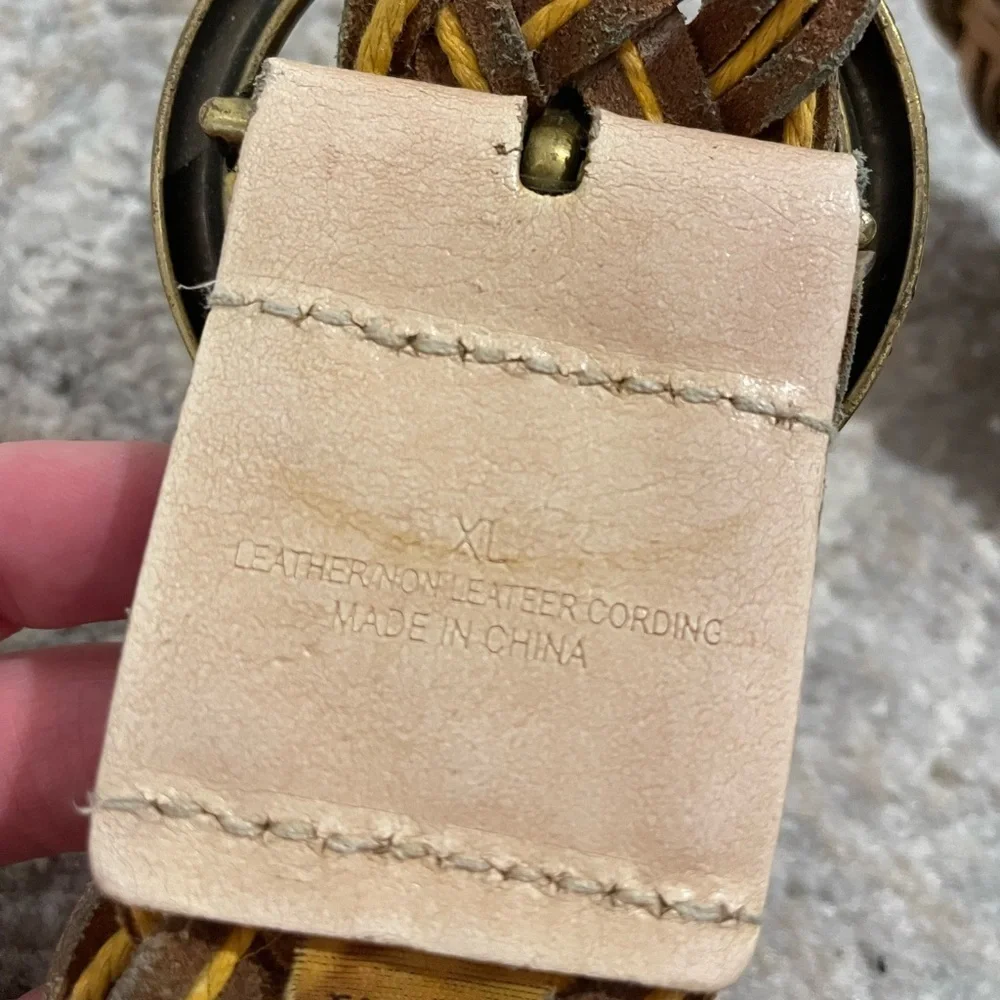 Braided Woven Leather Belt With Round Brass/Gold Tone Buckle Boho Bohemian